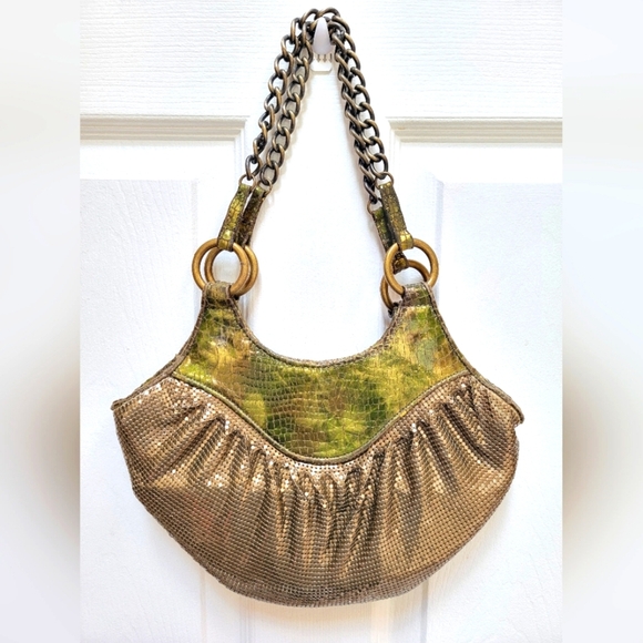 Whiting & Davis Elegant Grewn Shimmery Snake Skin & Gold Mesh Evening Bag